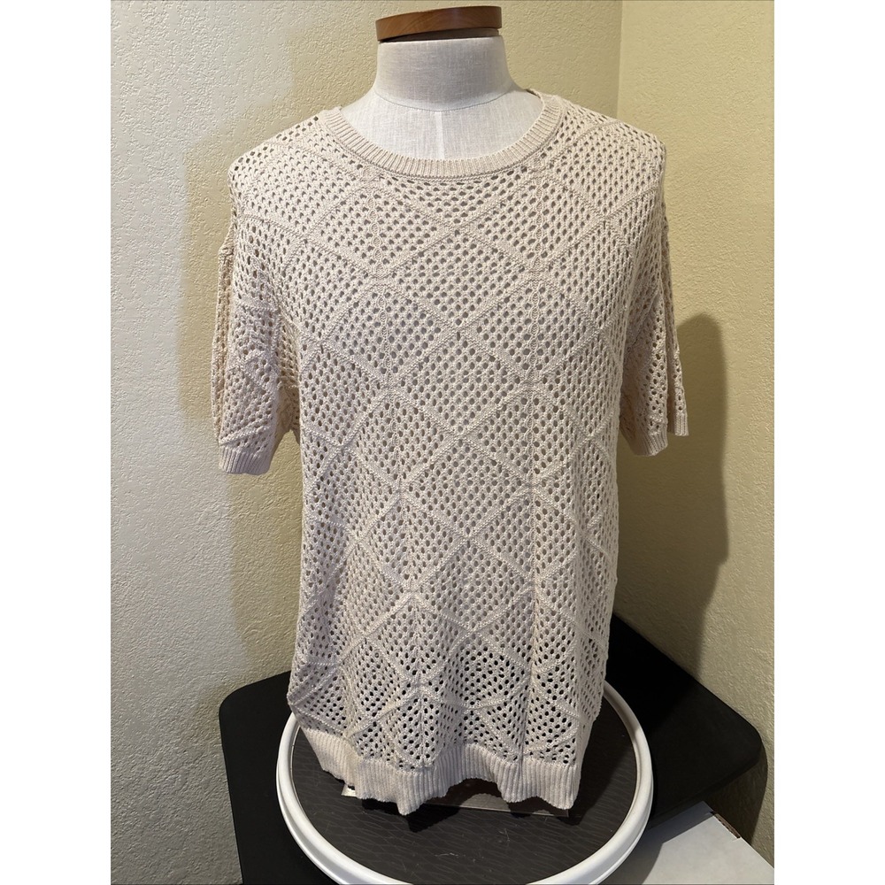 Massive Luxury Edition Crochet Knit Pullover Shirt Men Sz L Beige Short Sleeves